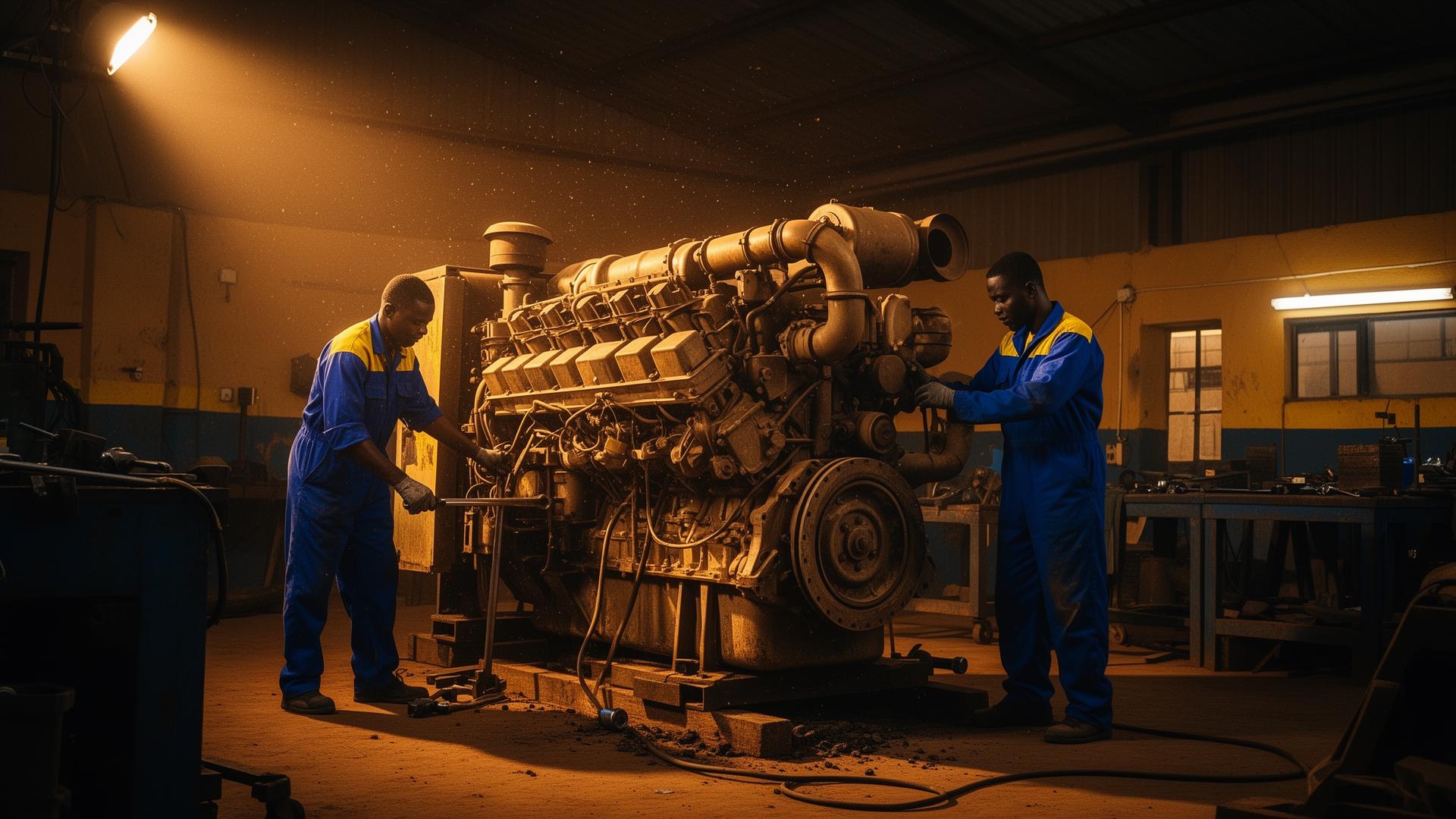 Atelier ETS Moustapha Cissé à Bamako, techniciens sur groupe électrogène